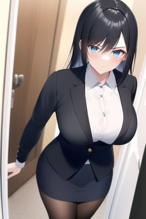 {{{contemptuous,disdain}}},{{{masterpiece}}}, {{{{high resolusion}}}}, 1girl is standing in front of door, looking at viewer, black hair, medium hair, straight hair,blue eyes, wea s-2552857937