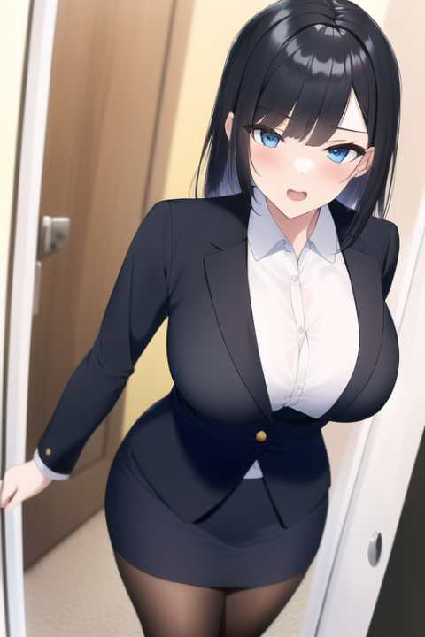 ahegao,{{{masterpiece}}}, {{{{high resolusion}}}}, 1girl is standing in front of door, looking at viewer, black hair, medium hair, straight hair,blue eyes, wearing black suit, bla s-2552857937