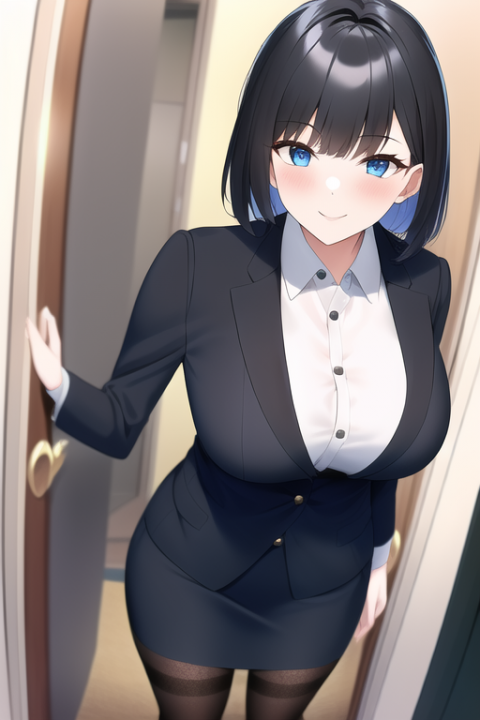 smile,{{{masterpiece}}}, {{{{high resolusion}}}}, 1girl is standing in front of door, looking at viewer, black hair, medium hair, straight hair,blue eyes, wearing black suit, blac s-2552857937